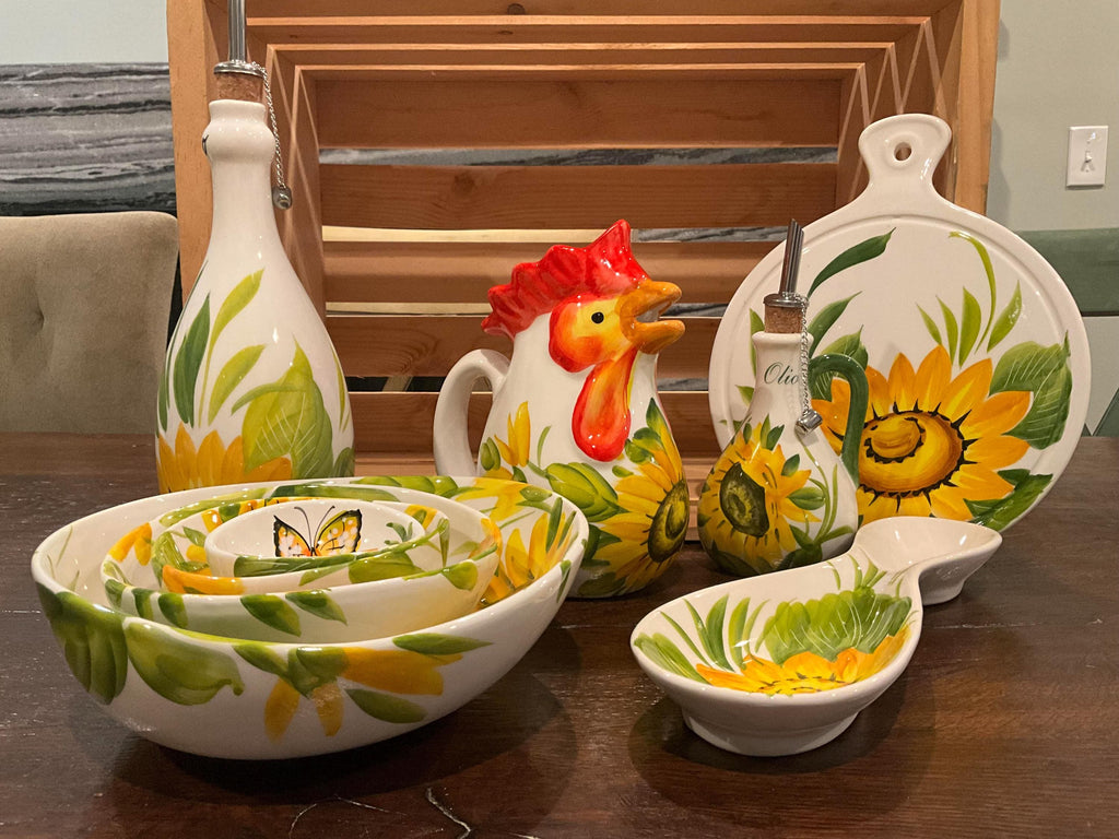 Sunflower Collection Bowls, Oil Bottles, Spoon Rest, Trivet, Gallo Pitcher