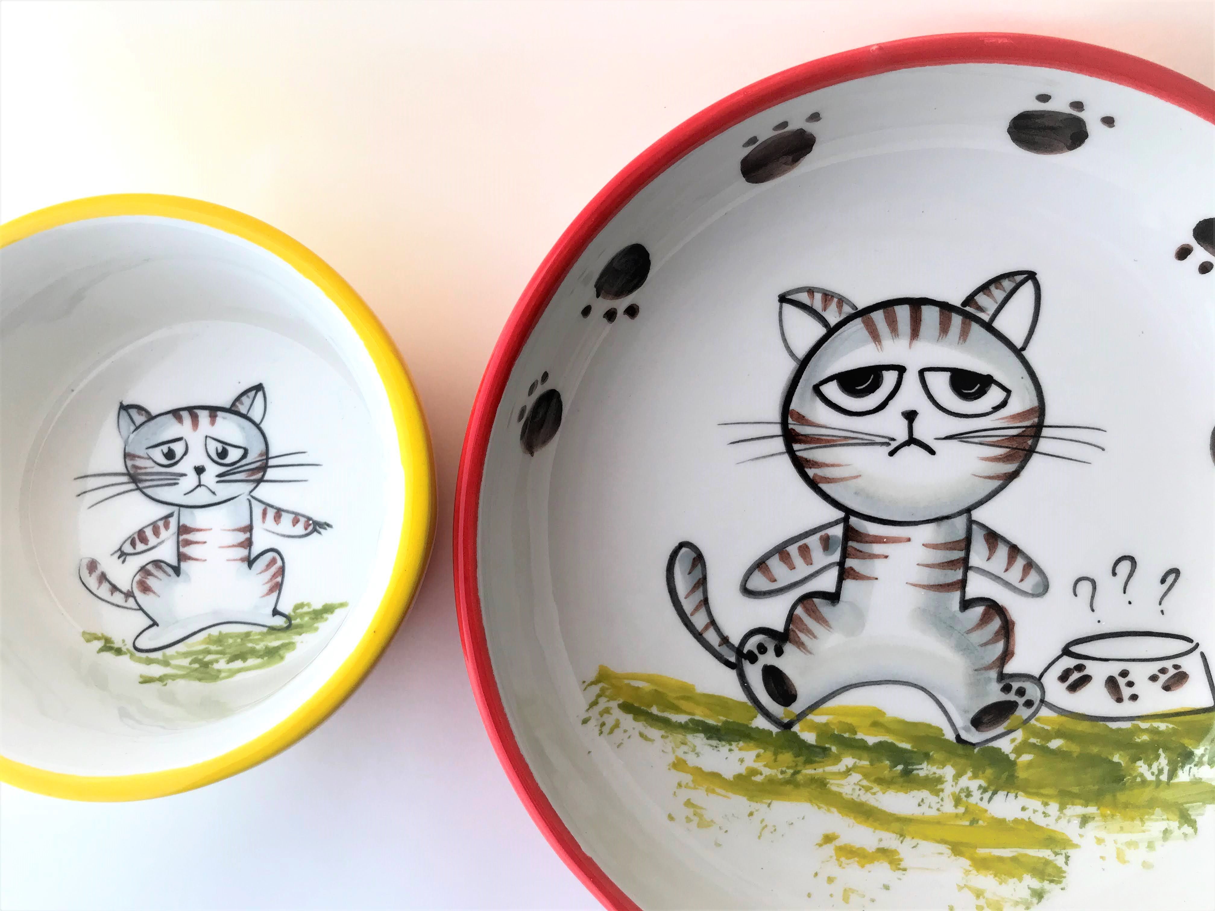 Striped Sad Cat Ceramic Bowls