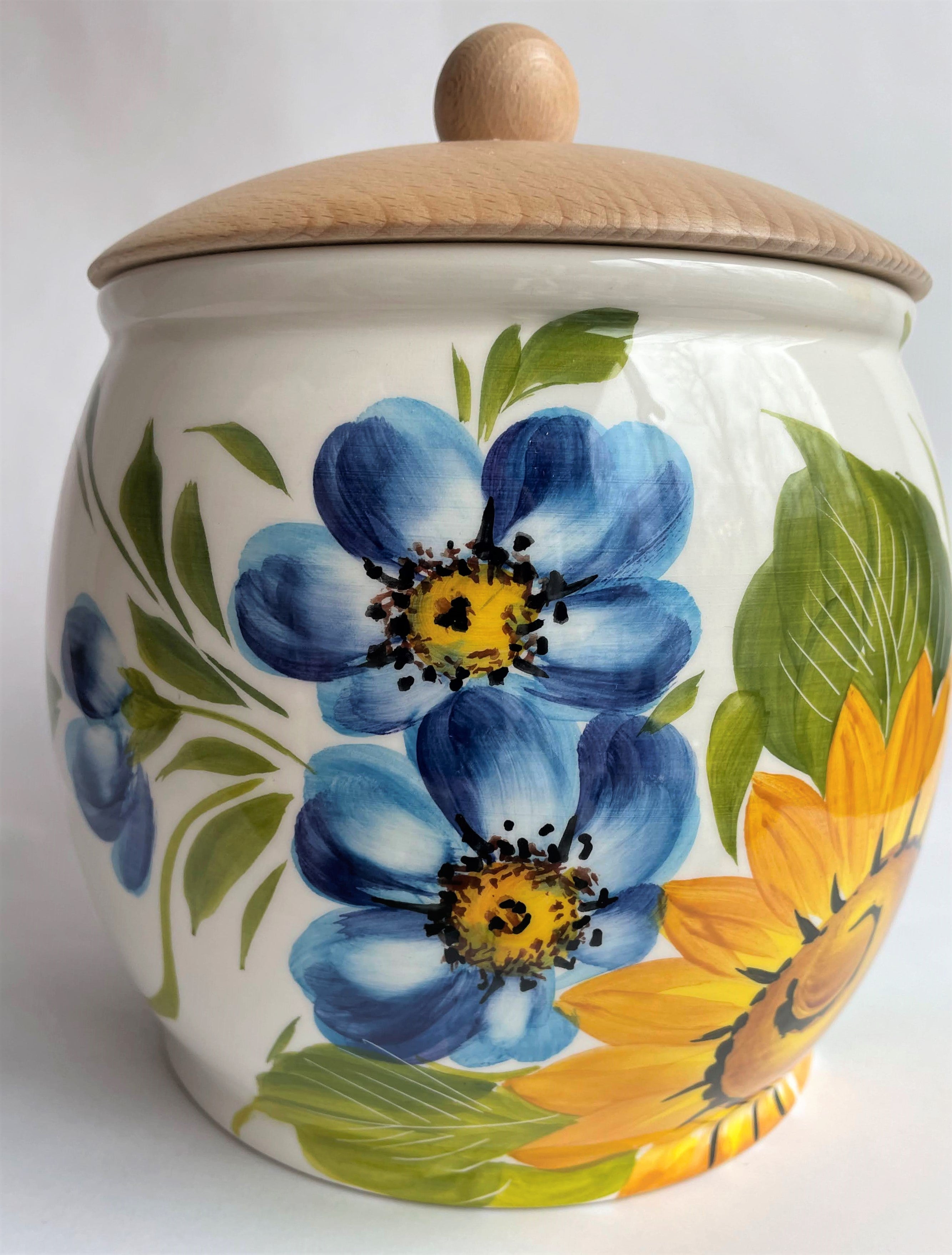 Large Biscotti Jar w/ Sunflowers and Blue Flowers