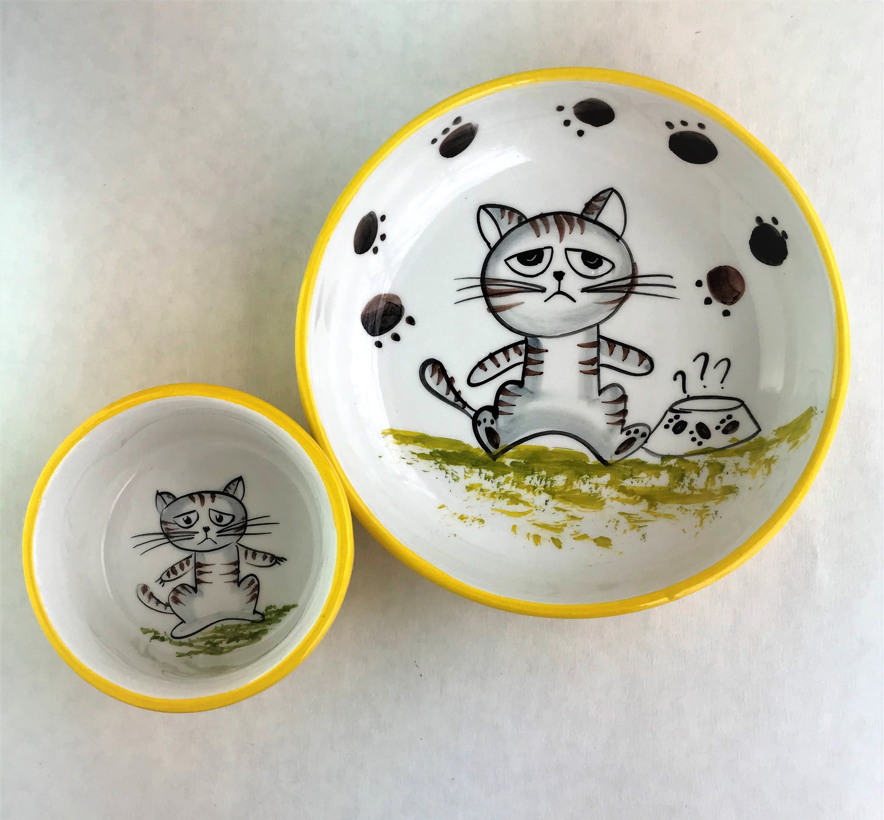 Striped Sad Cat Ceramic Bowls
