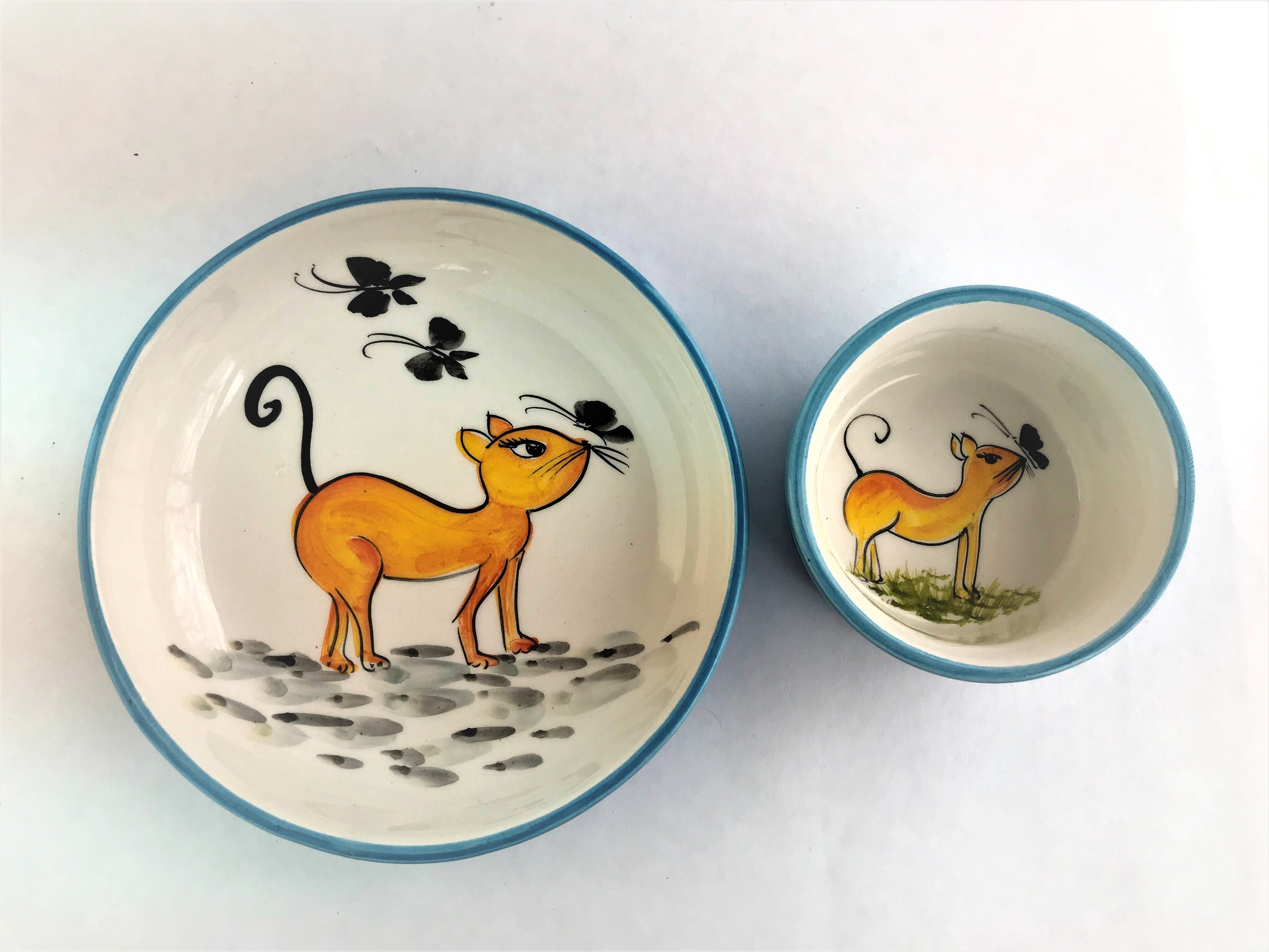 Cat w/ Butterfly Ceramic Bowls