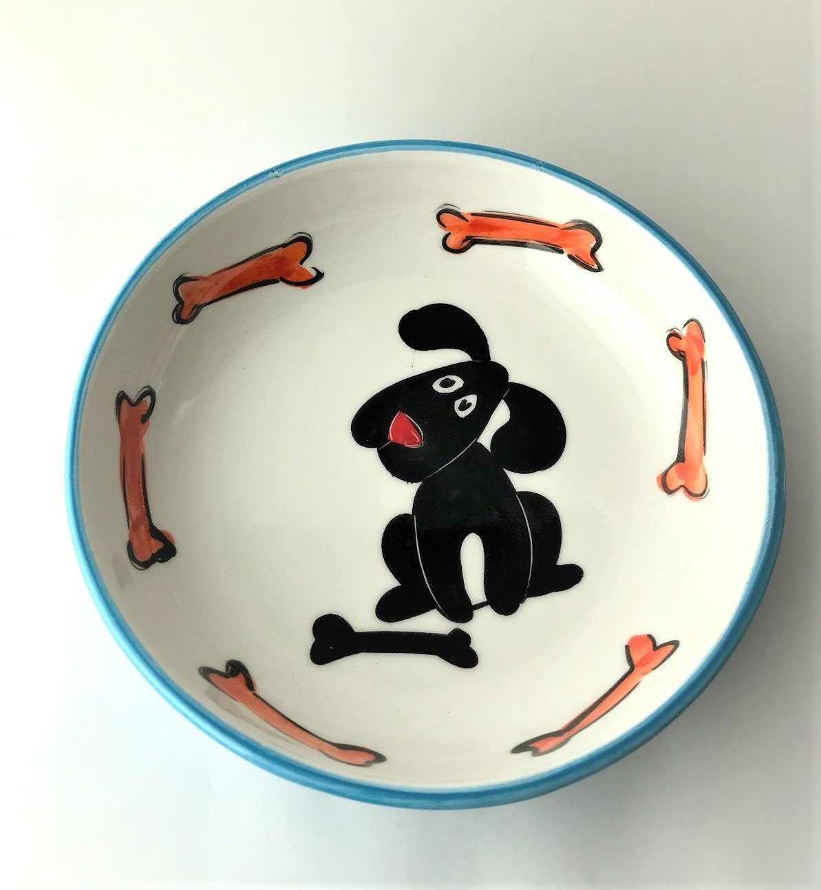 Black Dog w/ Bones Ceramic Dog Bowls