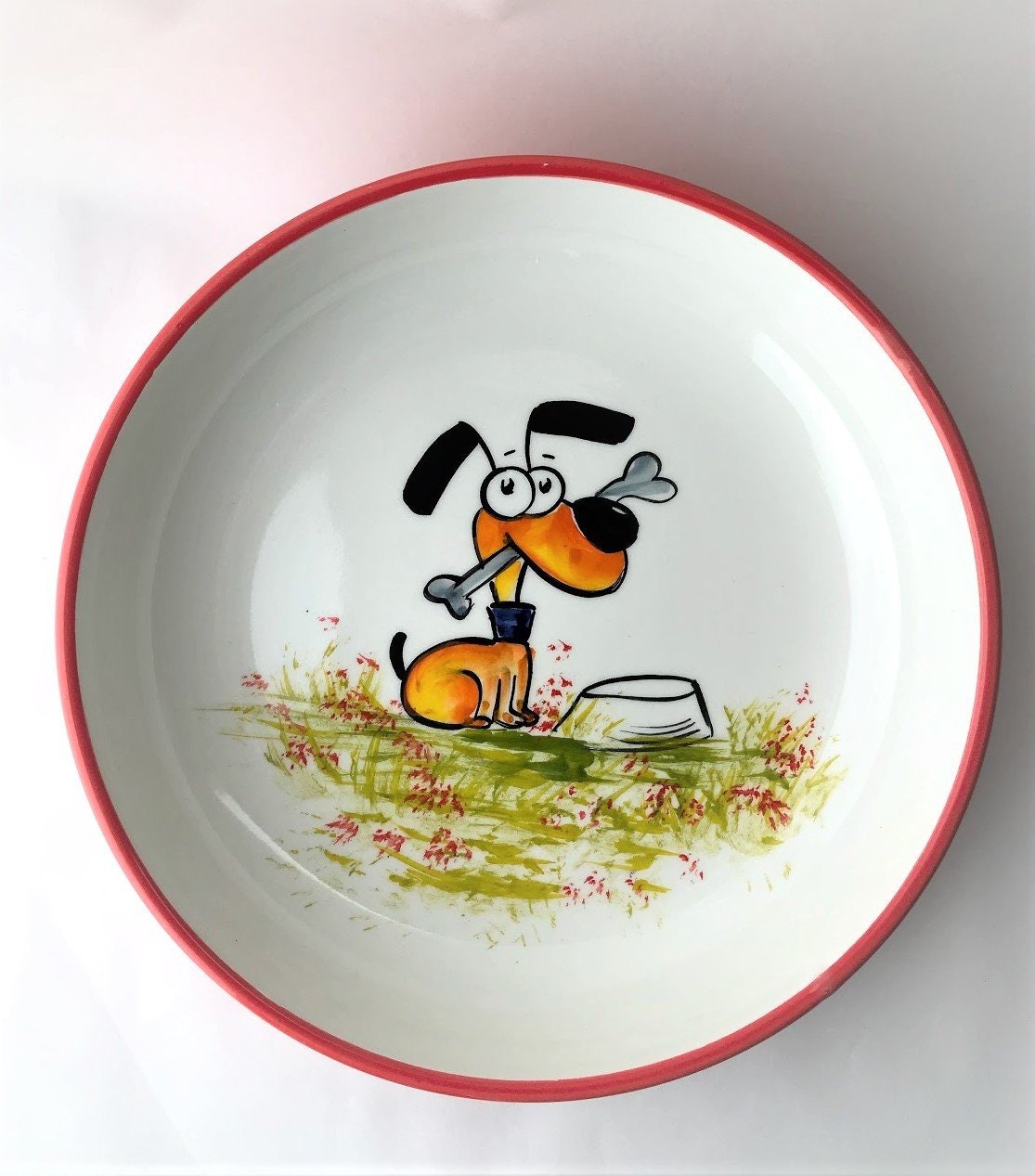 Happy Dog w/Bone Ceramic Bowls