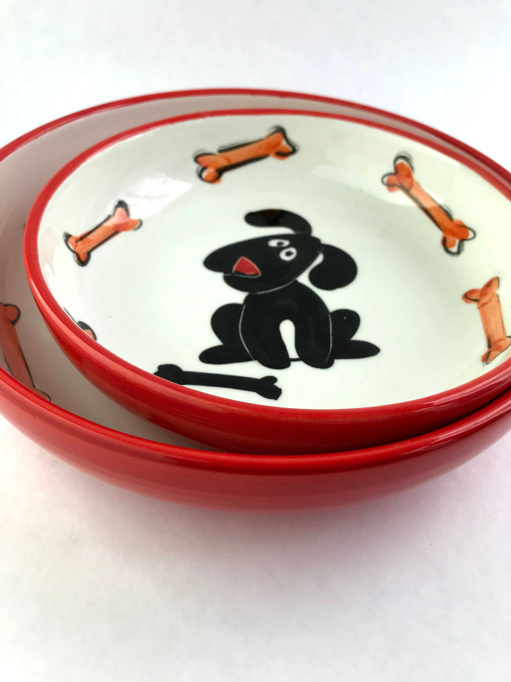 Black Dog w/ Bones Ceramic Dog Bowls