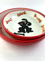 Load image into Gallery viewer, Black Dog w/ Bones Ceramic Dog Bowls

