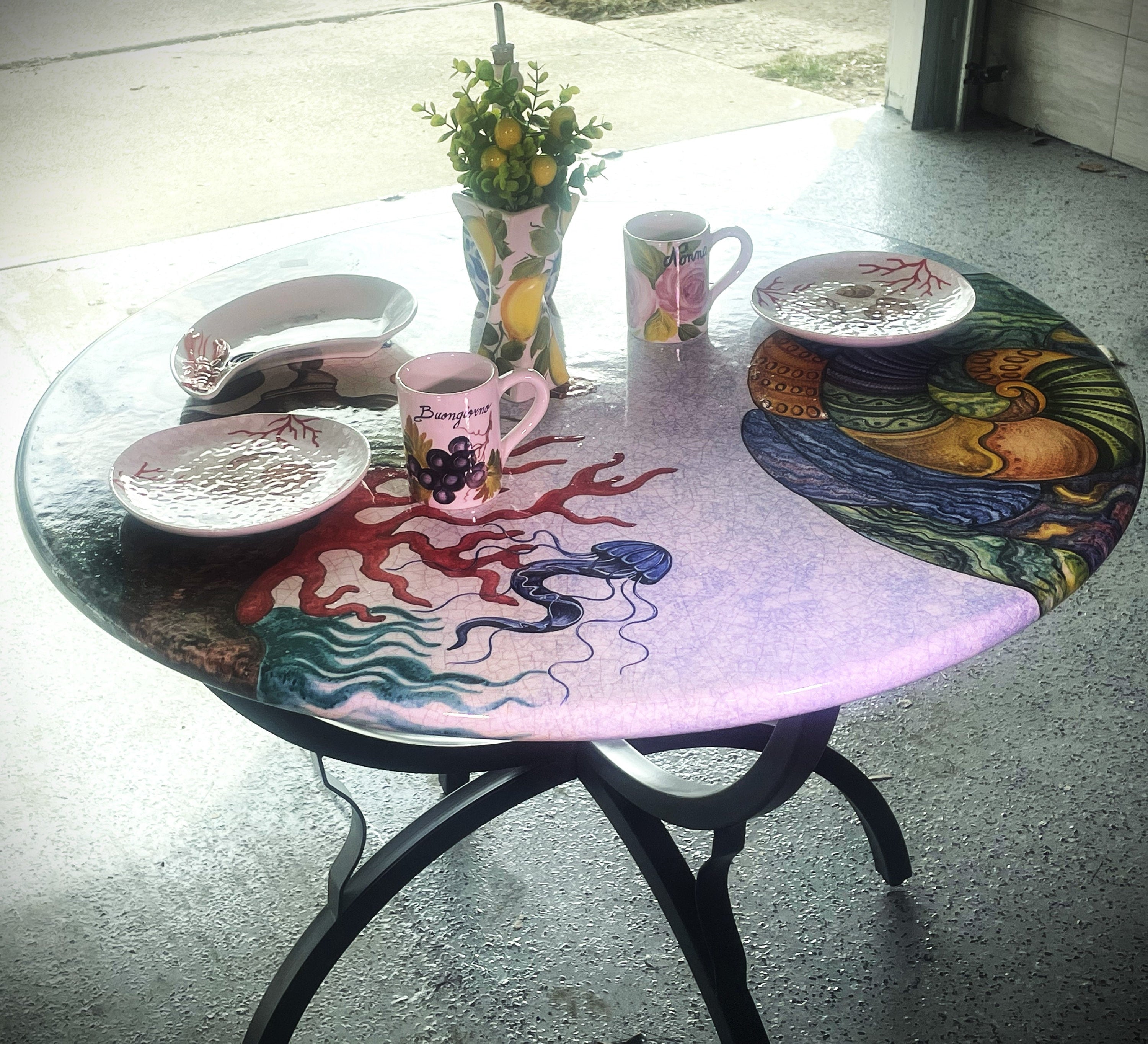 Round table hand painted on lava stone