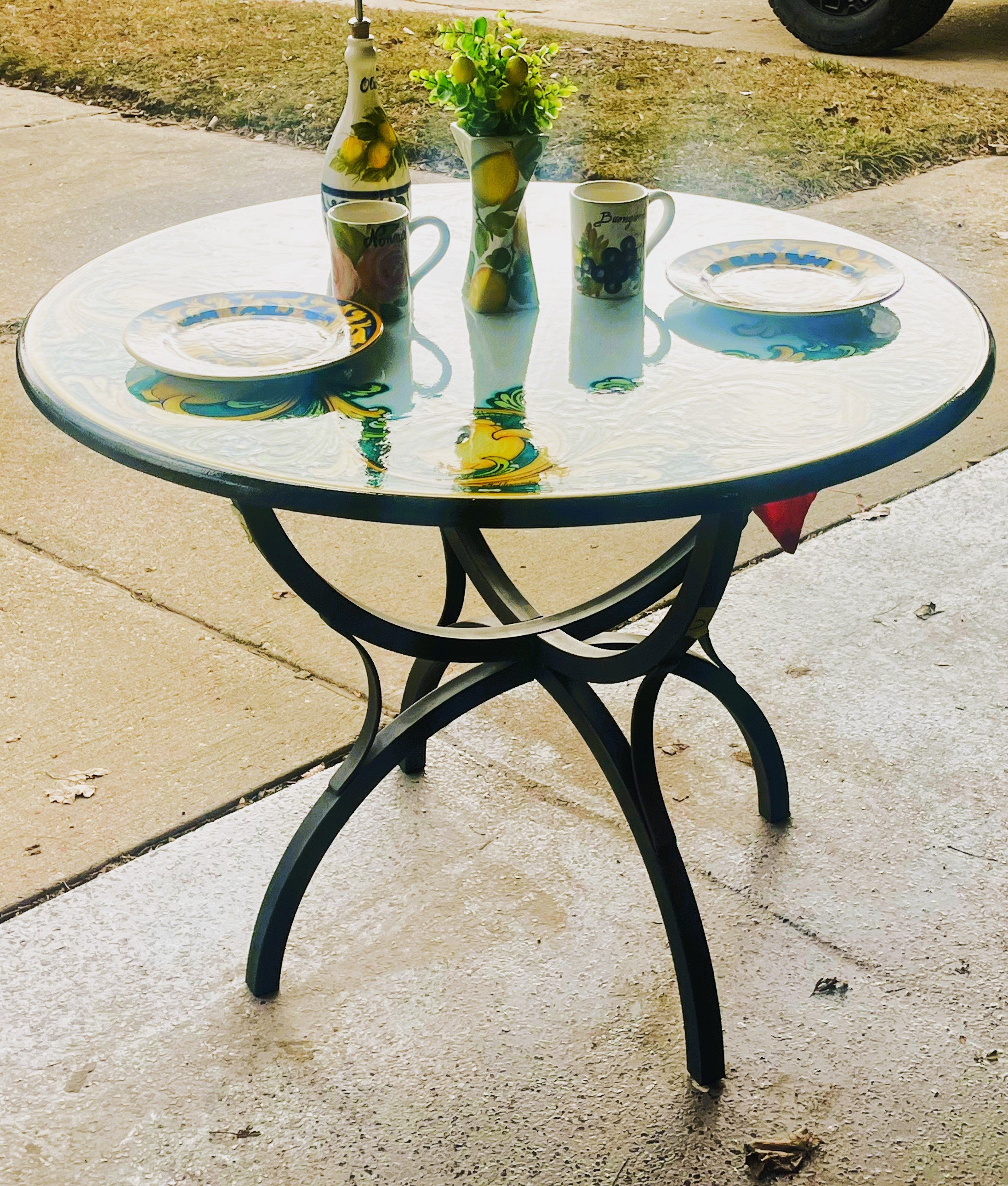 Round table hand painted on lava stone